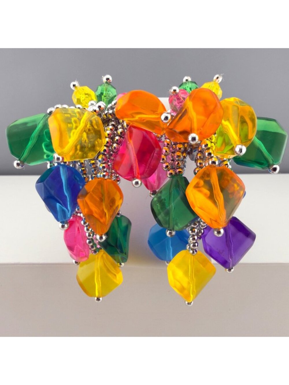 Vintage Large 80s Cha Cha Beaded Dangle Clip On Earrings Statement Runway Bright
